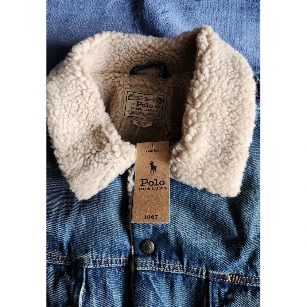 NWT Polo Ralph Lauren Men's Sherpa Fleece Lined Denim Trucker Jean Jacket w/Flag - Picture 9 of 14